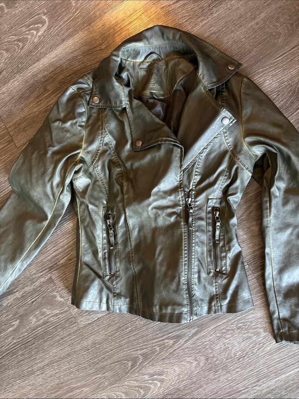 Max Studio Olive Green Faux Leather Moto Jacket